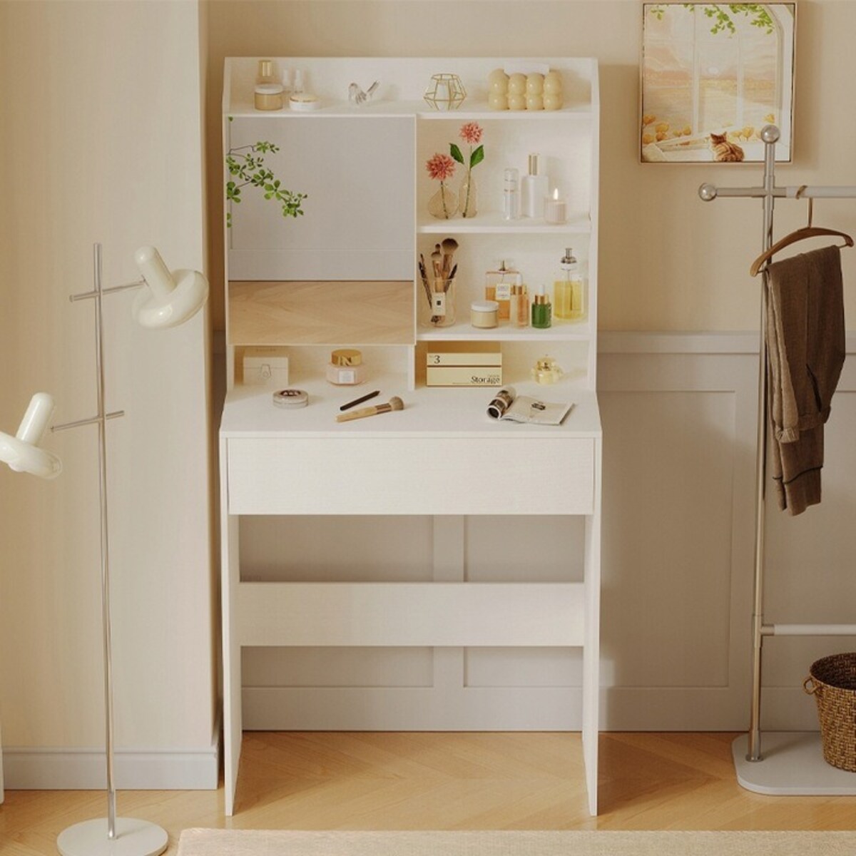 Nowoczesna toaletka kosmetyczna z otwieranym lustrem loft szuflada glamour