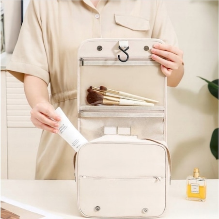 Kosmetyczka rozkładana elegancka kuferek etui z rączką kremowa KS153K