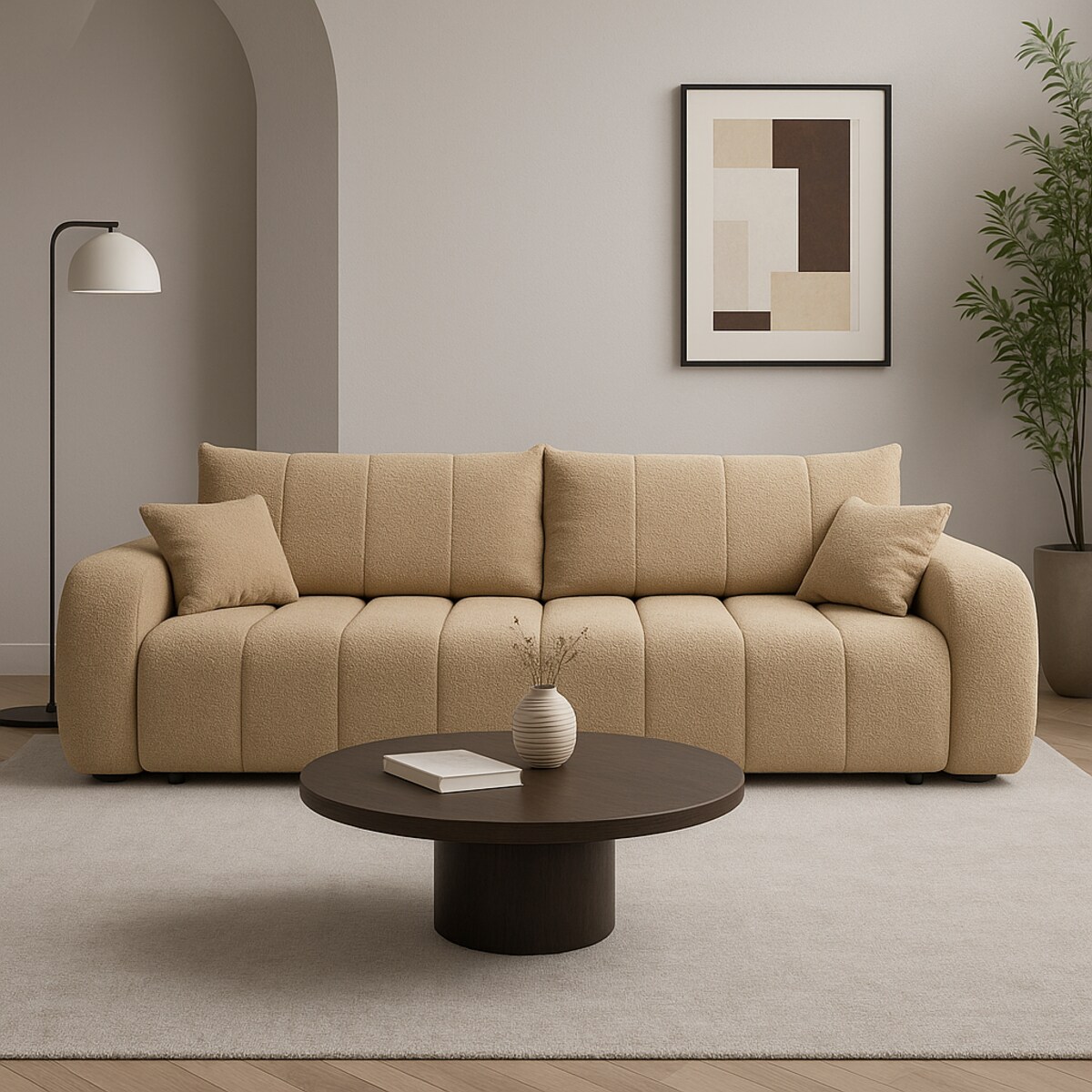 Sofa rozkładana ALOO obita tkaniną boucle z ozdobnymi poduszkami, beżowa