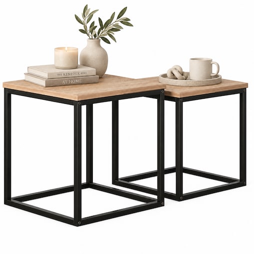 Stoliki kawowe 2w1 loft jasny brąz 50 cm czarny stelaż zestaw 2 sztuki