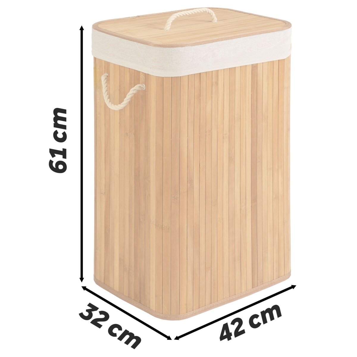 Massido, bambusowy kosz na pranie z pokrywą 72l, naturalny beżowy 61x42x32 cm