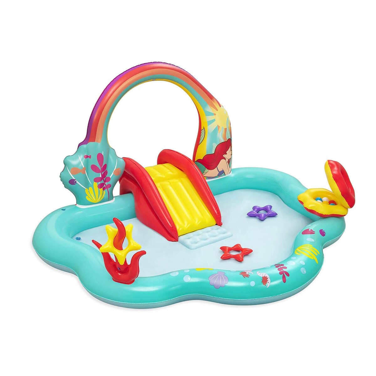 Dmuchany plac zabaw wodny Bestway 91097 Syrenka Disney zjeżdżalnia 211x206x127 cm