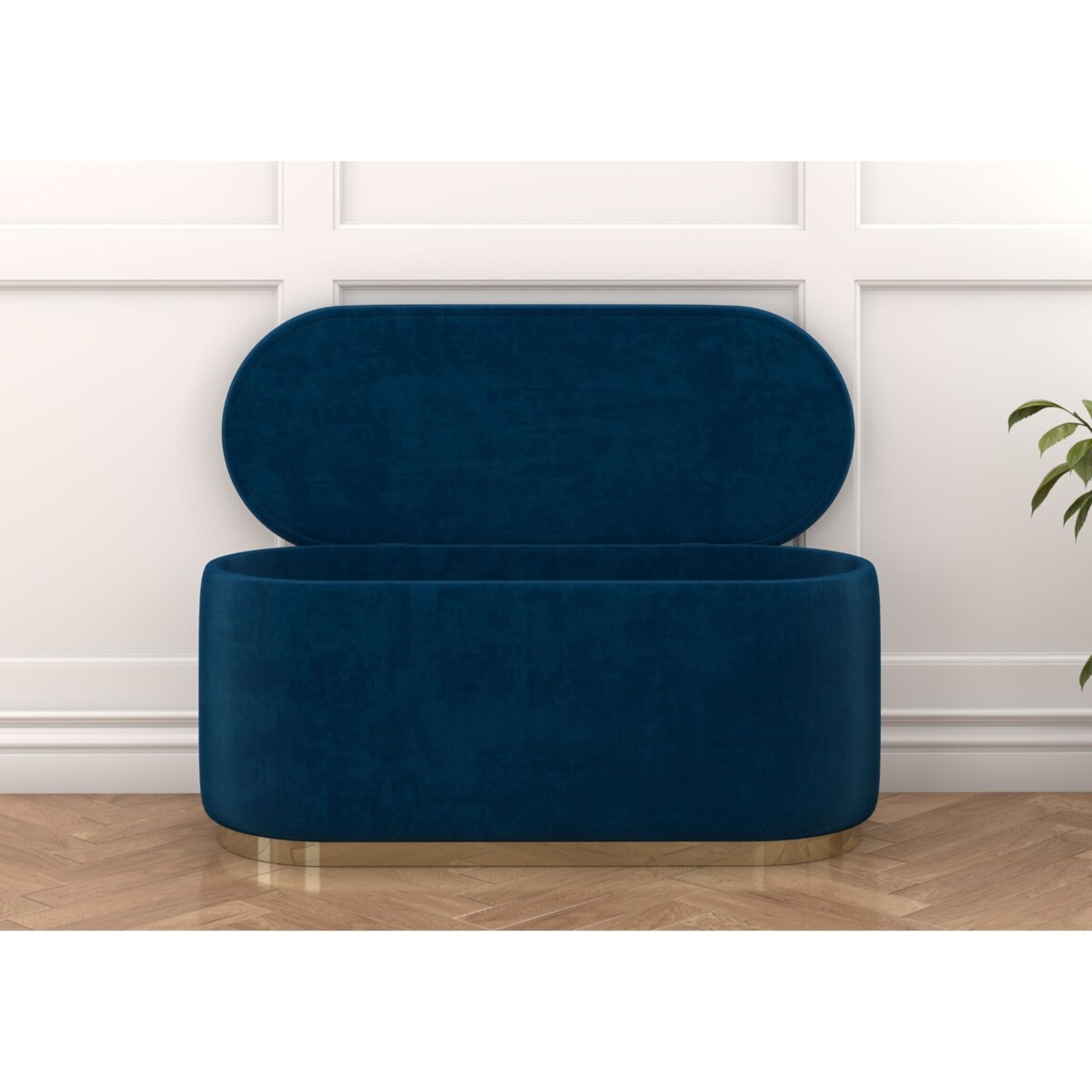 Tapicerowany owalny puf ze schowkiem Dancan SCARLETT na złotej podstawie / szer. 110 cm / granatowy