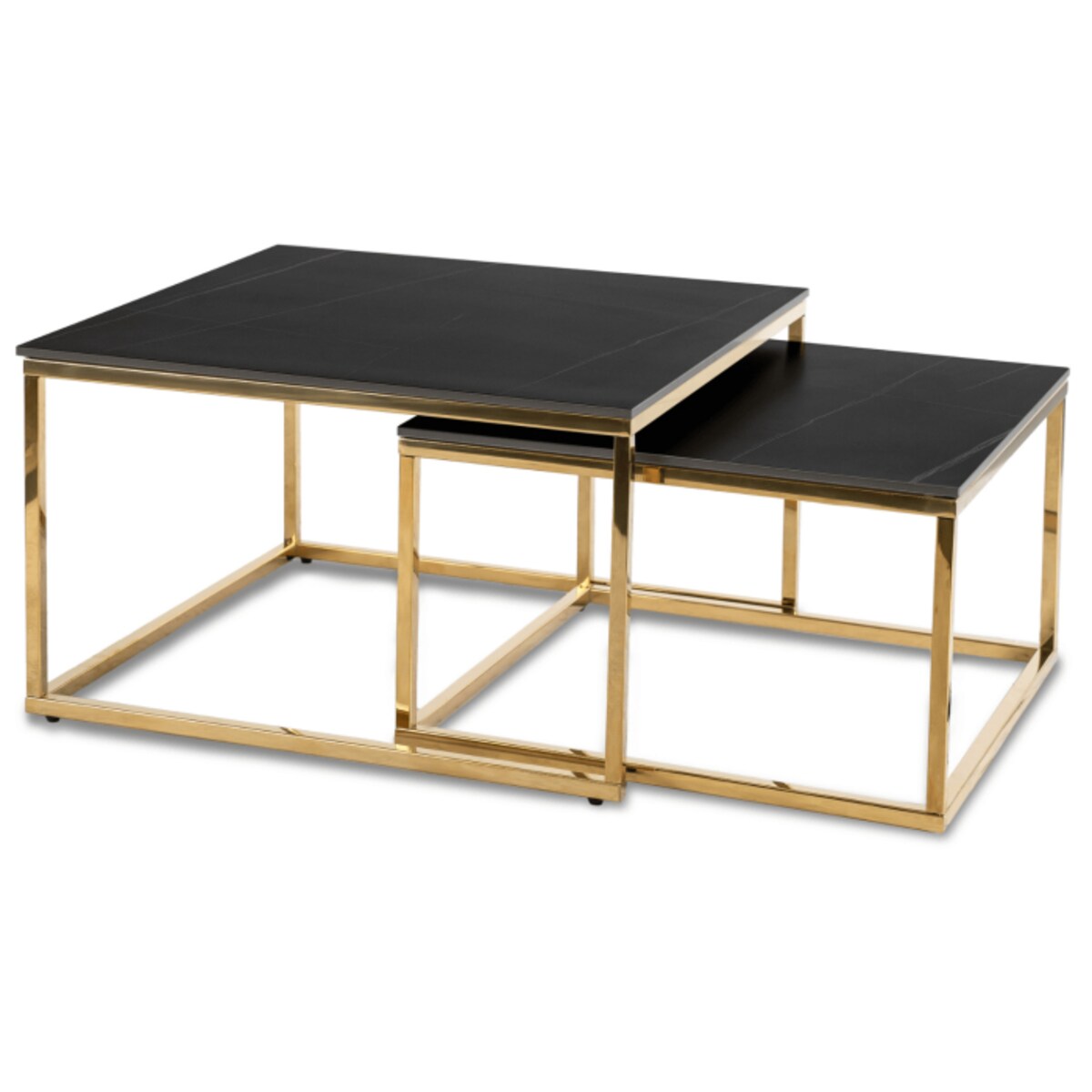 Stolik Kawowy Kwadratowy Zestaw 2w1 Ława Glamour Czarny Marmur Złoty TENOR