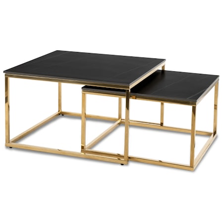 Stolik Kawowy Kwadratowy Zestaw 2w1 Ława Glamour Czarny Marmur Złoty TENOR