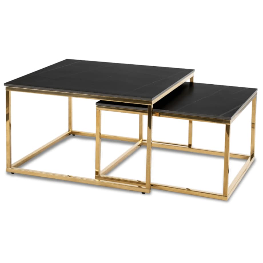 Stolik Kawowy Kwadratowy Zestaw 2w1 Ława Glamour Czarny Marmur Złoty TENOR