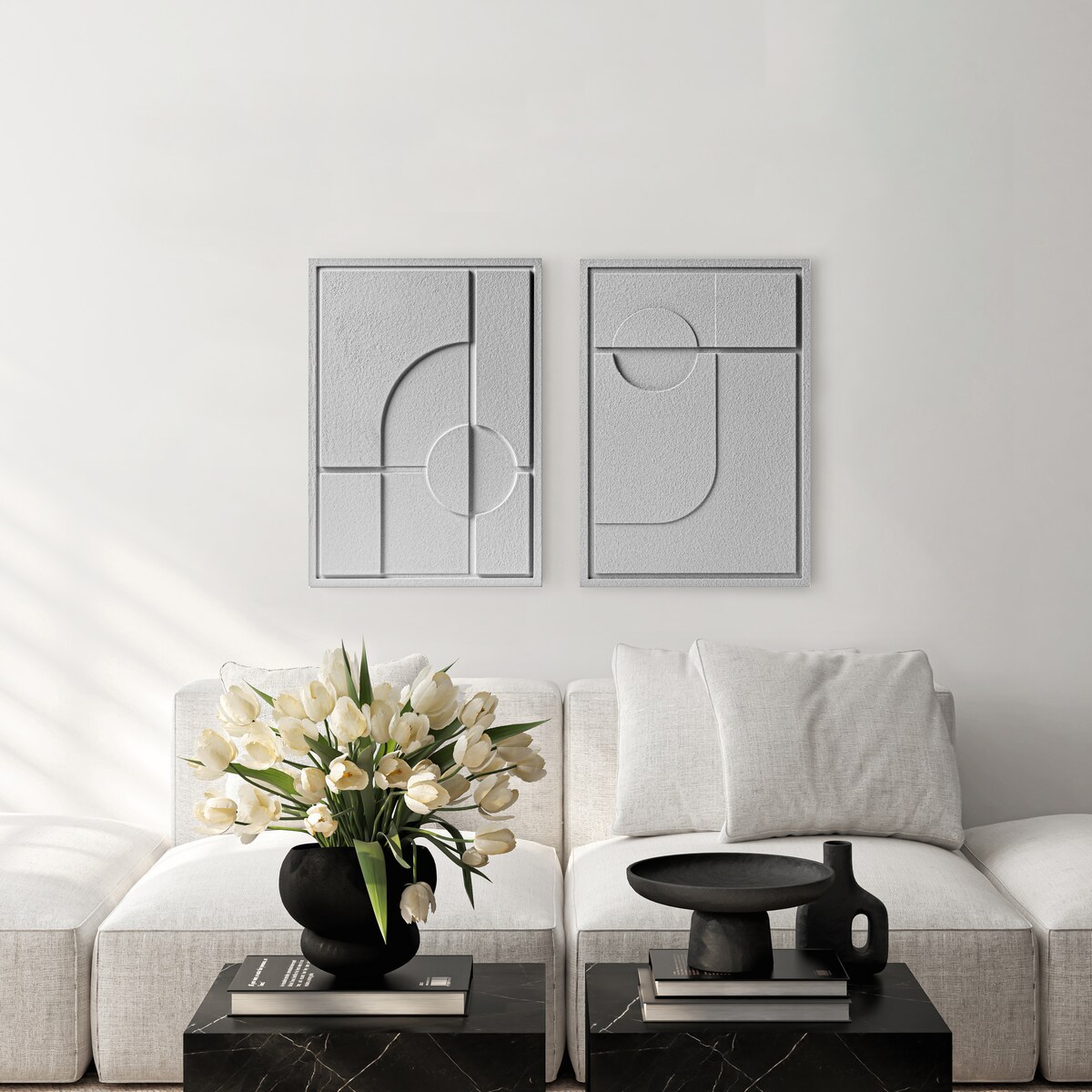 Zestaw 2 Obrazy 3D 50x70cm Geometric – Dekoracje ścienne z Tynku Naturalnego, Milky Grey, Minimalistyczne Reliefy