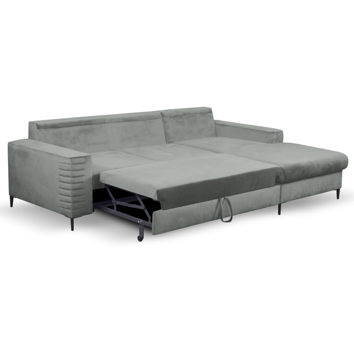 Narożnik rozkładany z zagłówkiem i pojemnikiem OLI, prawostronny, szary