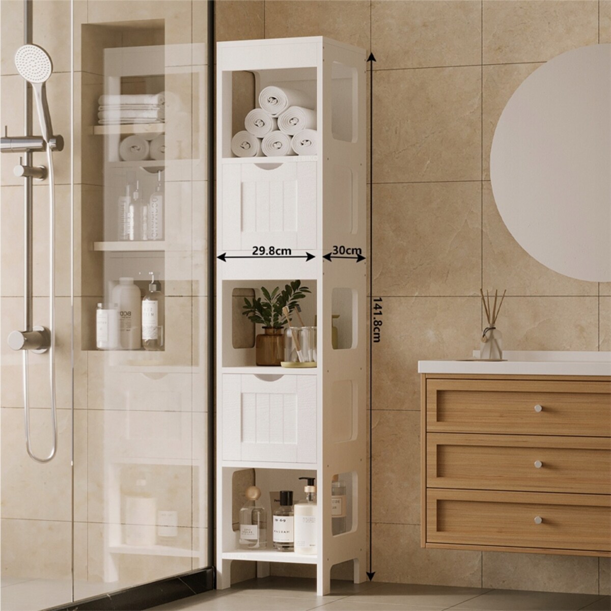 Szafka łazienkowa słupek szuflady biała wysoka półki nowoczesna loft 142 cm
