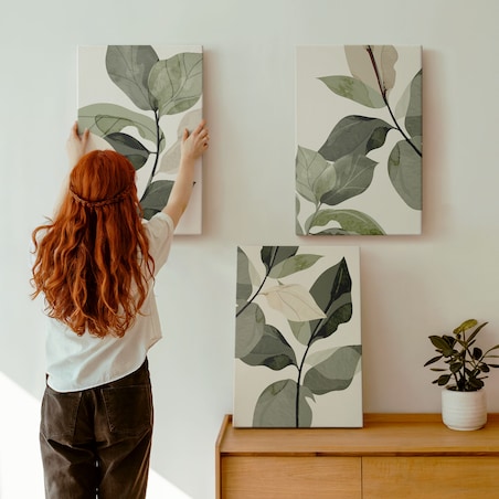 Zestaw 3 dużych obrazów na płótnie - Malowane liście roślin boho boho - zielony