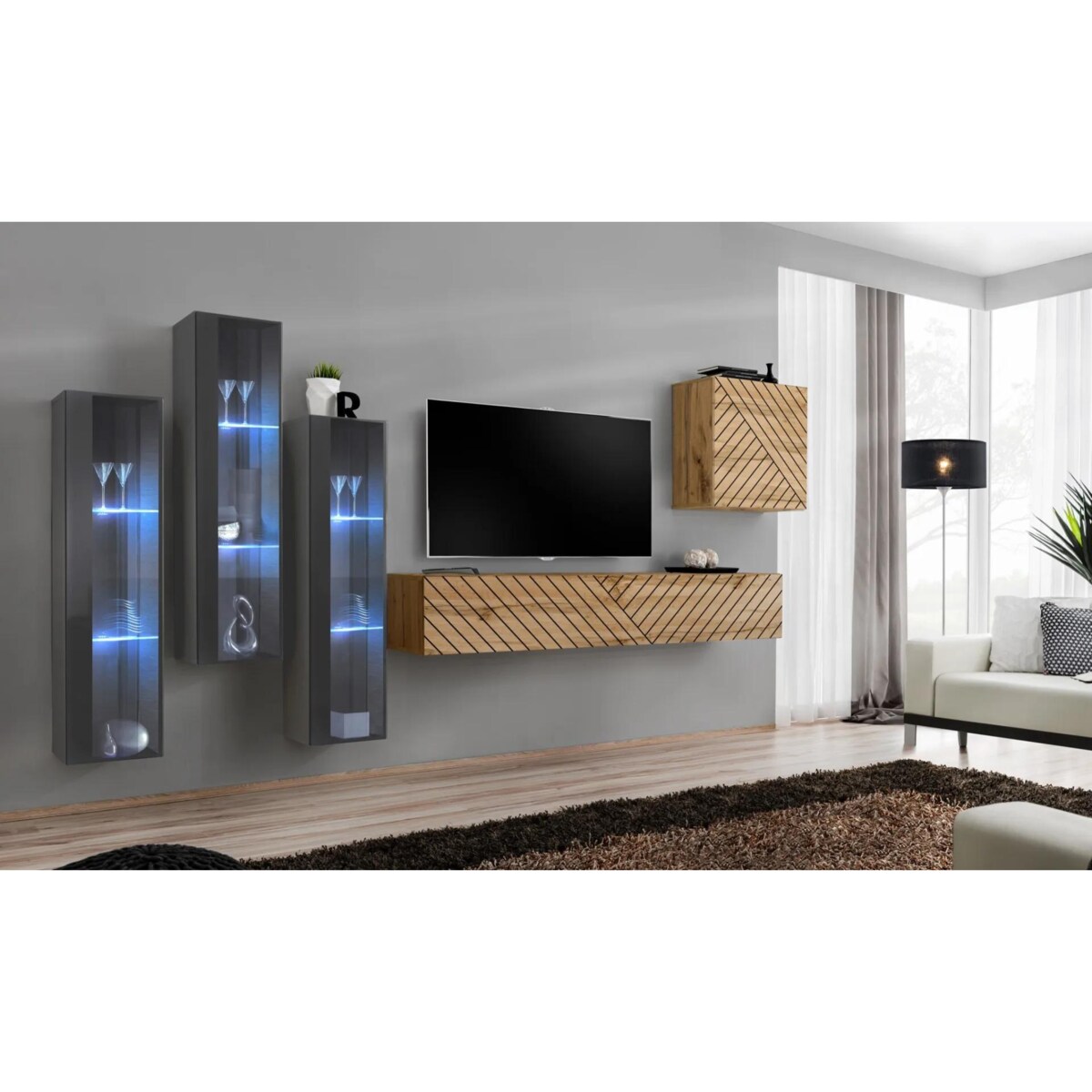 Meblościanka SWITCH LAMEL XIII szara/dąb wotan