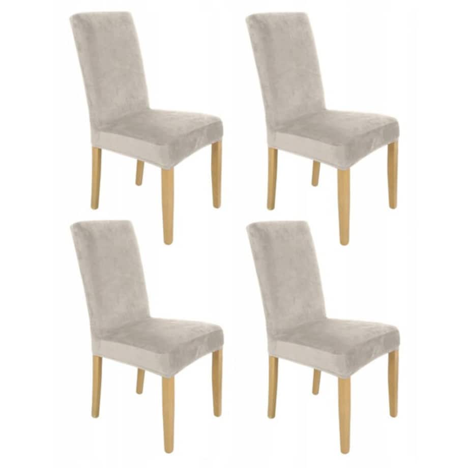 Pokrowiec Na Krzesło Zestaw 4 Szt Chłodny Beż Welur Elastczyny