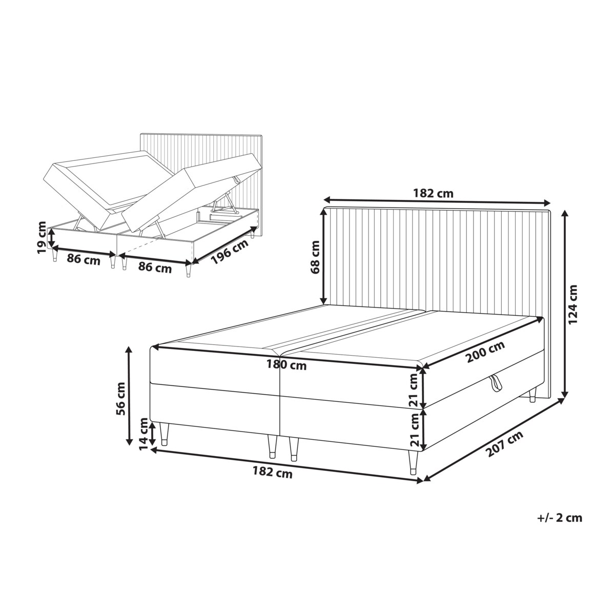 Łóżko kontynentalne z pojemnikiem Welur DAME 180 x 200 cm Beżowoszary