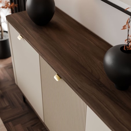 Komoda do sypialni AUTUMN 3D z ryflowanym frontem, kaszmir / orzech