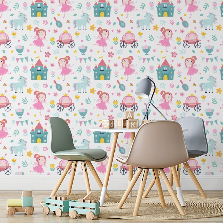 Tapeta Dla Dziewczynki Jednorożce WRÓŻKI Zamki Kwiatki