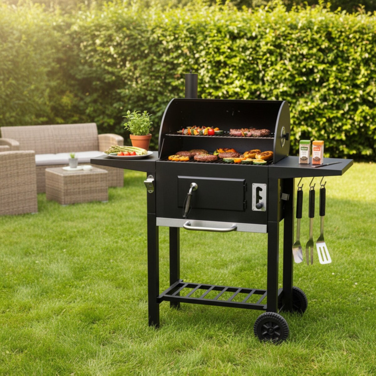 Grill ogrodowy duży węglowy z kominem termometrem czarny KLAUSBERG KB-9034