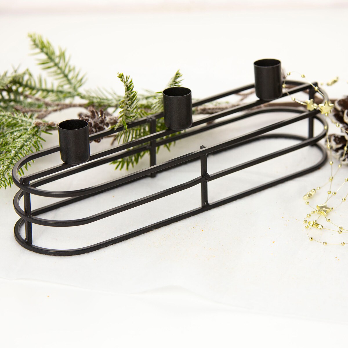 Świecznik Podstawka Na Świeczki Stojak Potrójny Metalowy Czarny 30X8 Cm