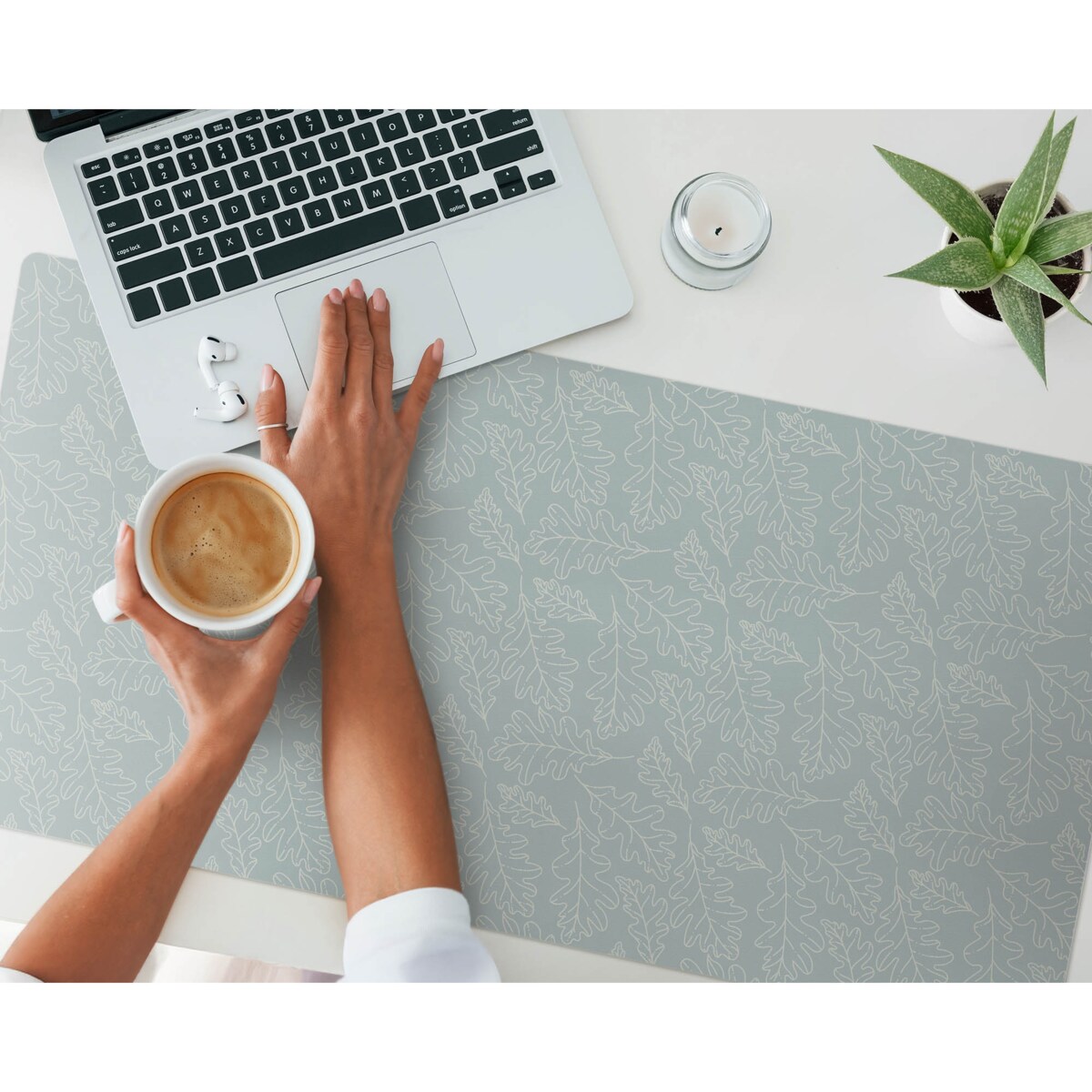 Turkusowa mata na biurko Liście dębu wzór, 100x50 cm