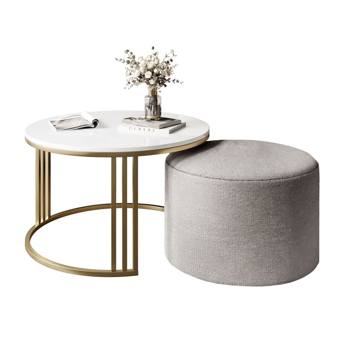 Stolik kawowy z pufą LORI POŁYSK złoto szczotkowane, biały / Perfect Harmony 82
