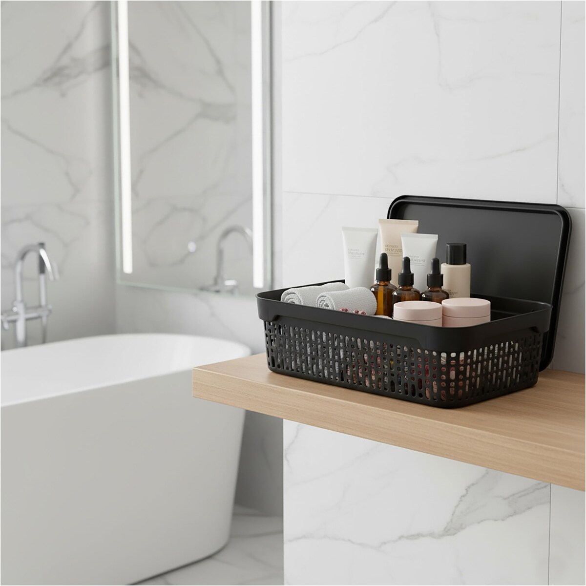 Koszyk Koszyczek Ażurowy M Plastikowy Na Kosmetyki Do Łazienki Pojemnik Z Pokrywką Zamykany Z Dziurkami Czarny