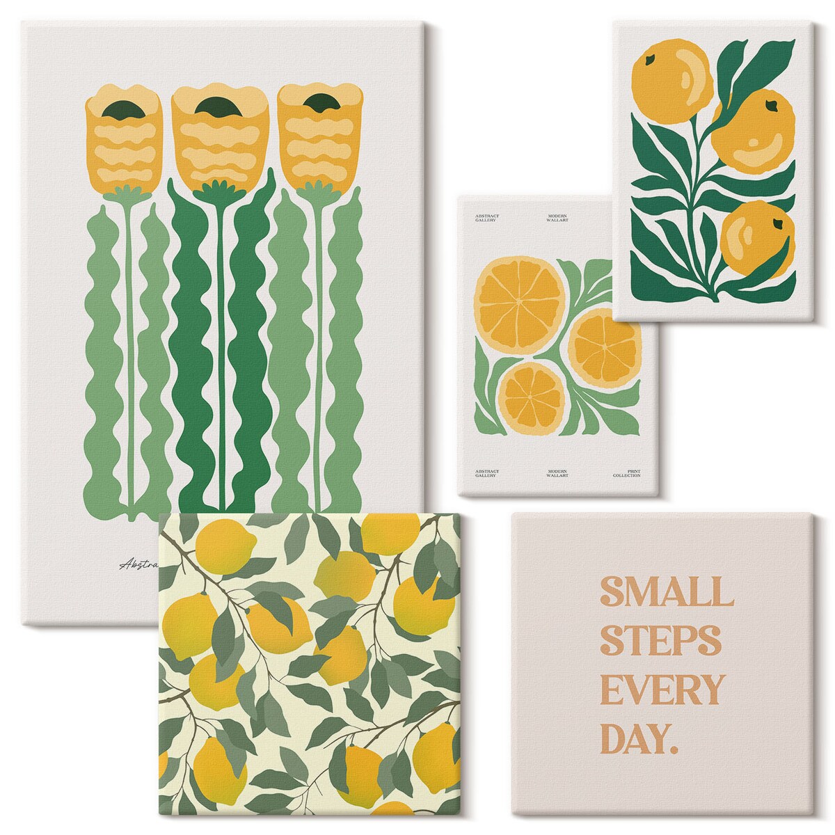 Zestaw 5 obrazów na płótnie - Kwiaty cytrusy pozytywne hasła - żółty
