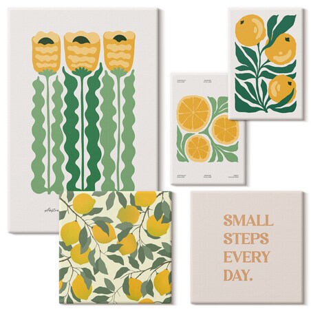 Zestaw 5 obrazów na płótnie - Kwiaty cytrusy pozytywne hasła - żółty