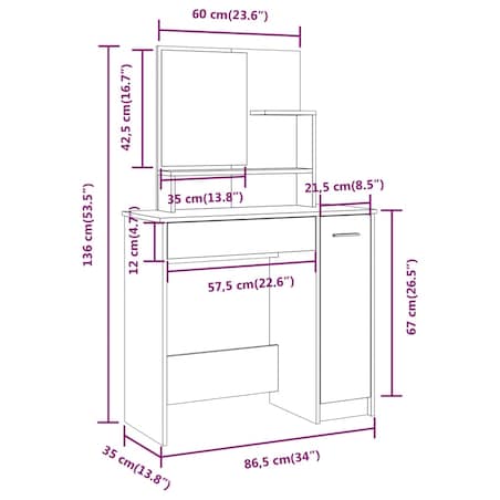 vidaXL Toaletka z lustrem, biała, 86,5x35x136 cm