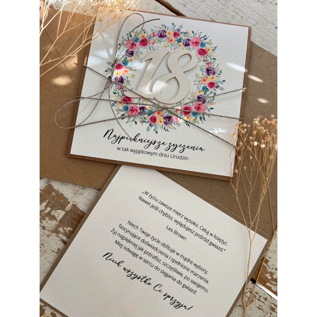 Wyjątkowa ręcznie robiona kartka na 18-ste urodziny, osiemnastka, pomysł na prezent na osiemnastkę dla dziewczyny w stylu boho