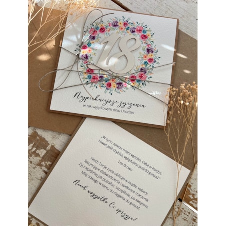 Wyjątkowa ręcznie robiona kartka na 18-ste urodziny, osiemnastka, pomysł na prezent na osiemnastkę dla dziewczyny w stylu boho