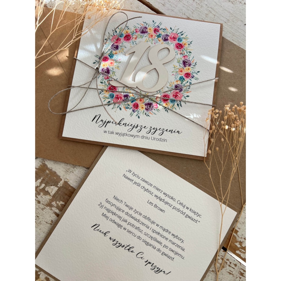 Wyjątkowa ręcznie robiona kartka na 18-ste urodziny, osiemnastka, pomysł na prezent na osiemnastkę dla dziewczyny w stylu boho
