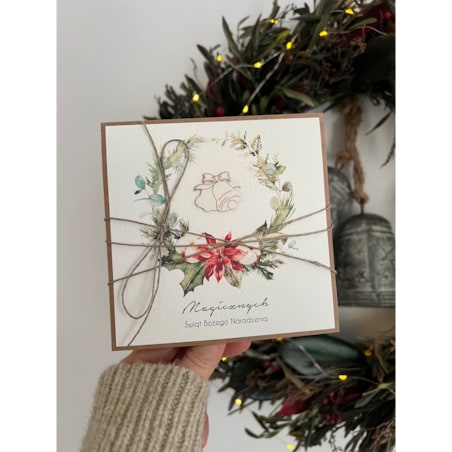 Wyjątkowa stylowa kartka ekologiczna świąteczna + najpiękniejsze życzenia na Boże Narodzenie świąteczny wianek + świąteczne dzwonki