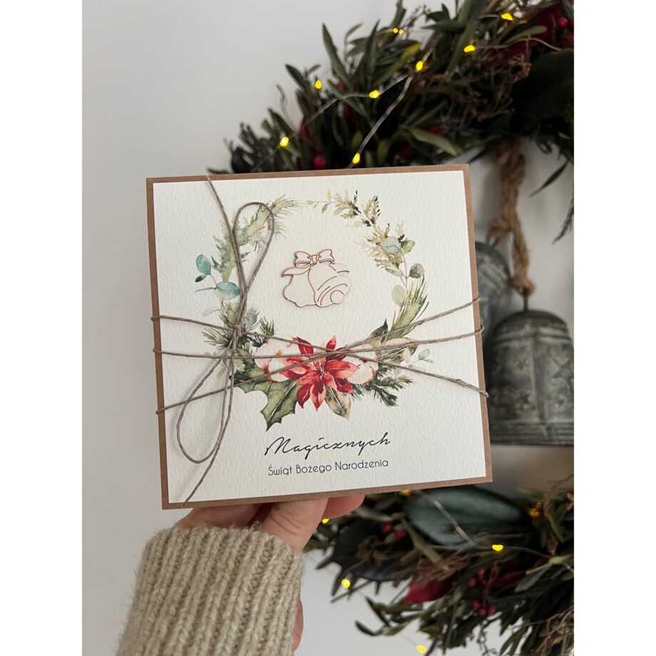 Wyjątkowa stylowa kartka ekologiczna świąteczna + najpiękniejsze życzenia na Boże Narodzenie świąteczny wianek + świąteczne dzwonki