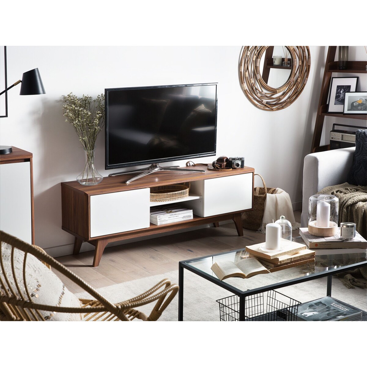 Szafka RTV ciemne drewno z białym ROCHESTER