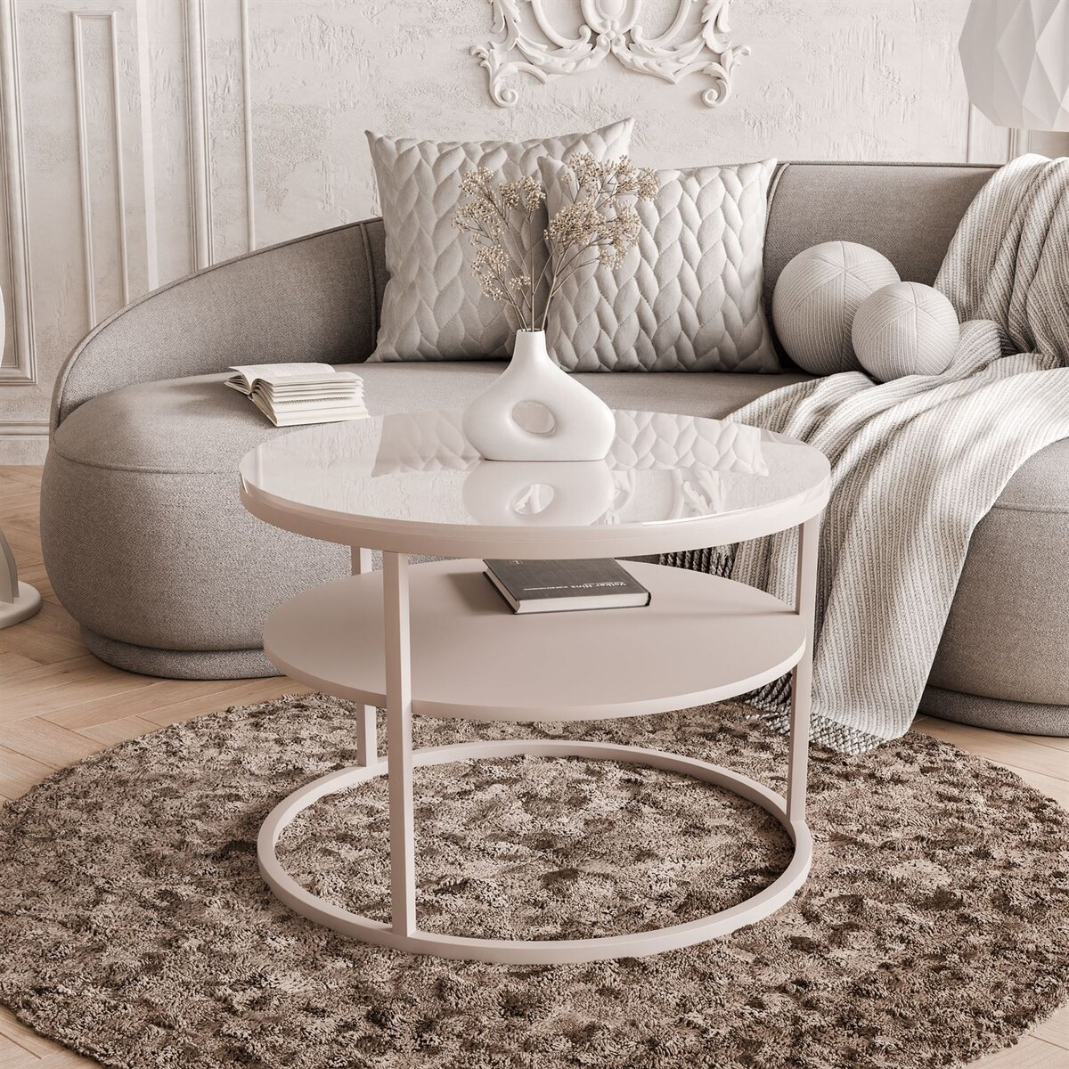 Stolik Kawowy CIRI KASZMIR wysoki połysk z półką, blat kaszmir połysk