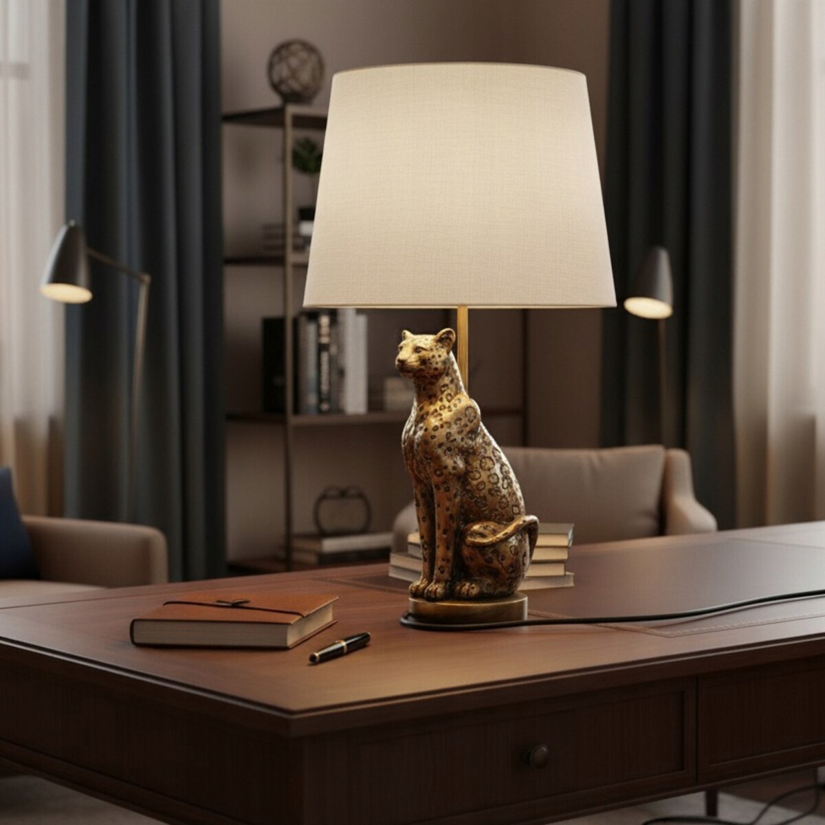 LAMPA LAMPKA NOCNA GLAMOUR STOŁOWA BIURKOWA ZŁOTA LAMPART LEW 40cm E27