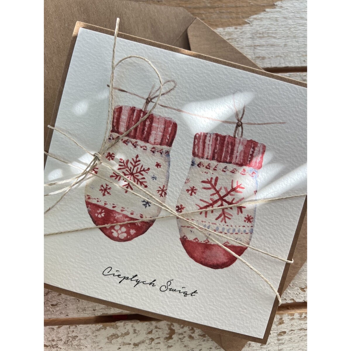 Kartka świąteczna ręcznie robiona na Boże Narodzenie - rękawiczki