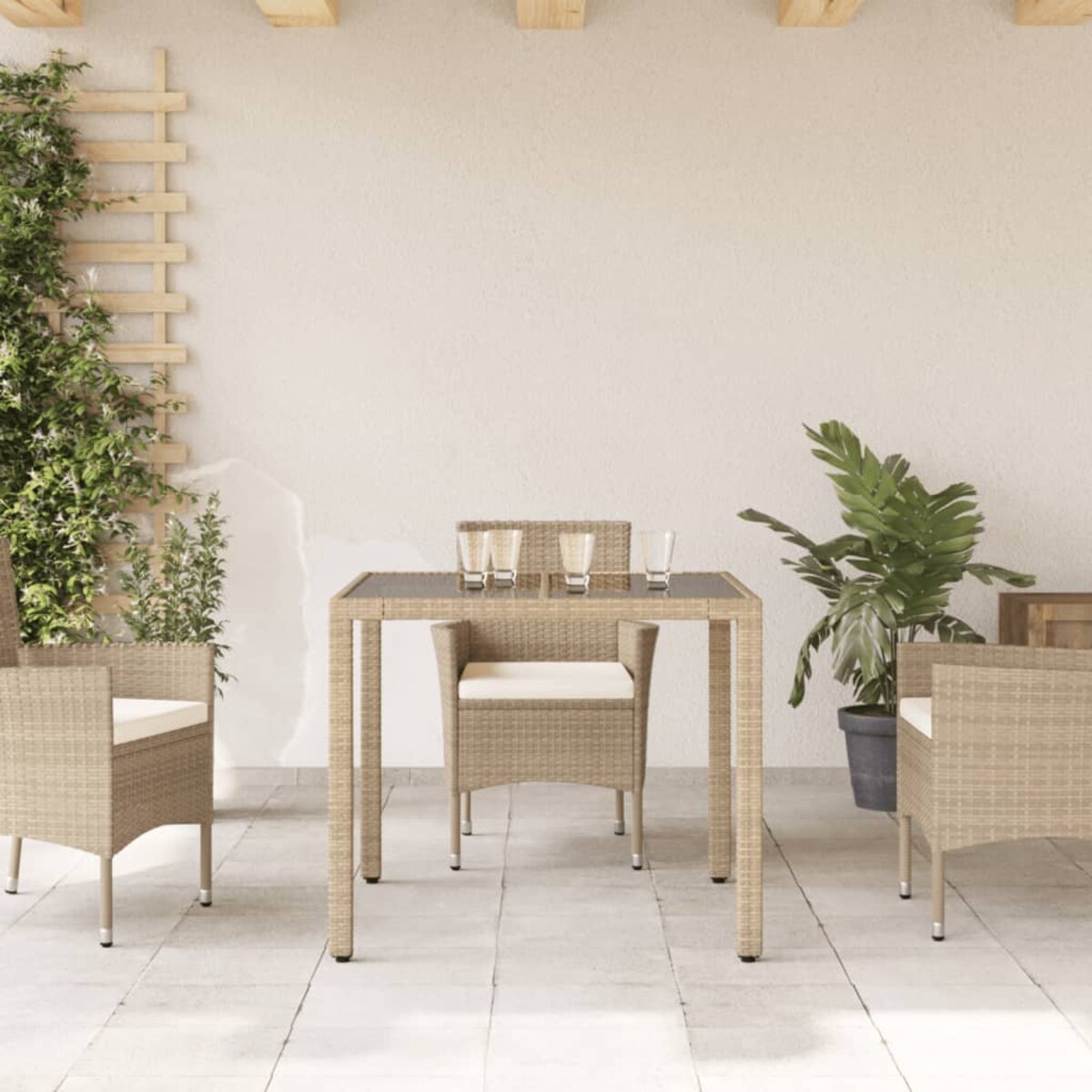 vidaXL Stół ogrodowy ze szklanym blatem, beż, 90x90x75 cm, polirattan