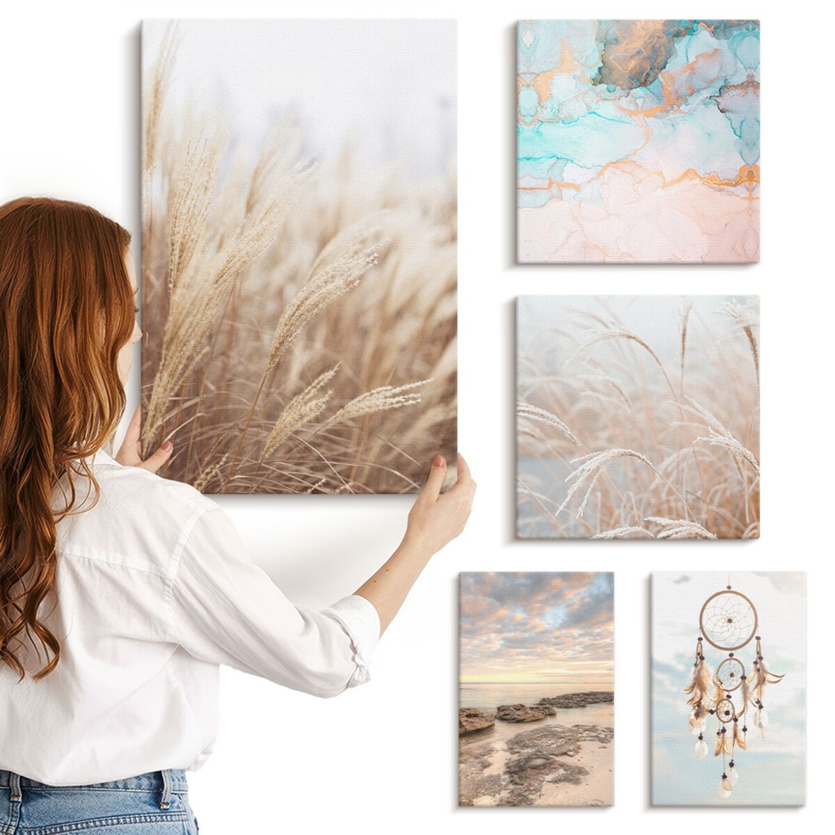 Zestaw 5 obrazów na płótnie - Naturalne pejzaże boho etno - beżowy