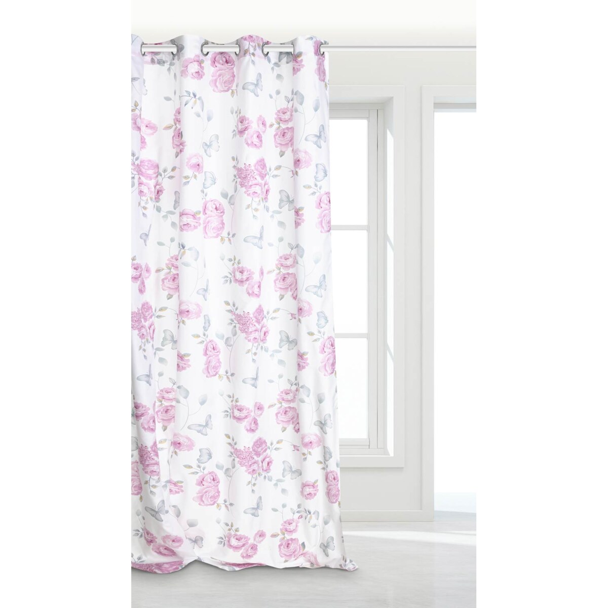 Biała Zasłona do Salonu w Kwiaty 140 x 250 na Przelotkach Półzaciemniająca