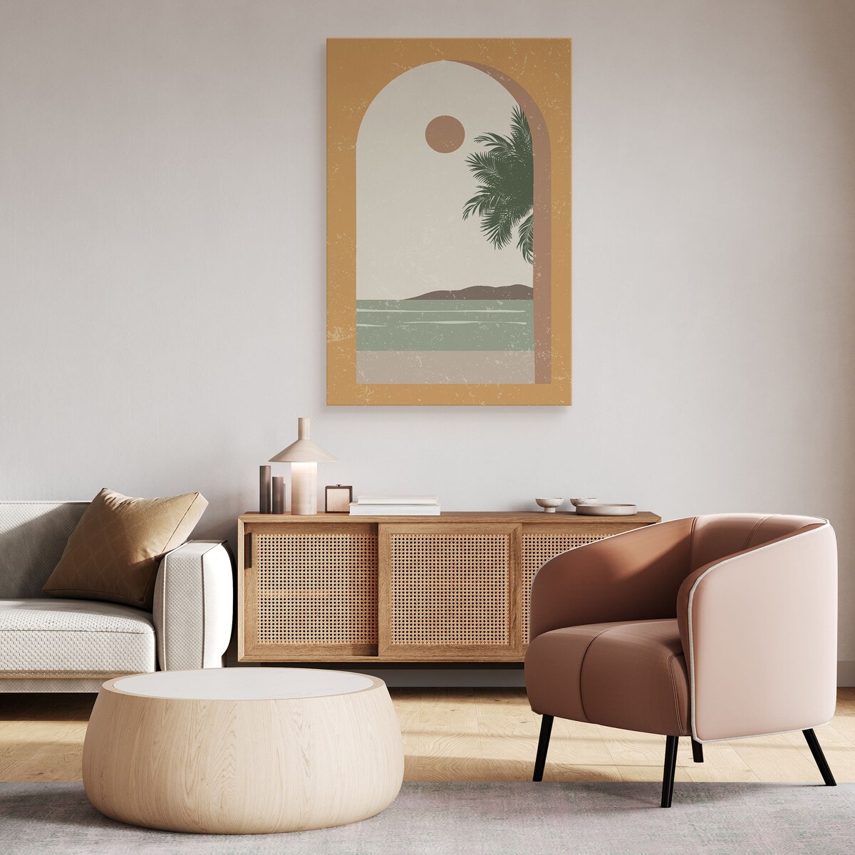 Obraz Na Płótnie Widok Z Okna Palmy Ocean Klify Styl Boho Abstrakcja 80x120cm