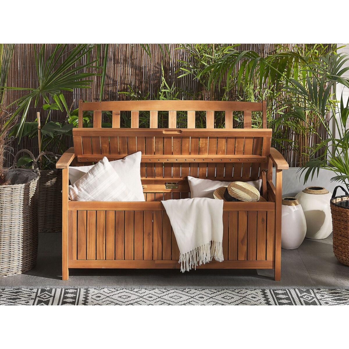 Ławka ogrodowa 120 cm drewniana z pojemnikiem SOVANA