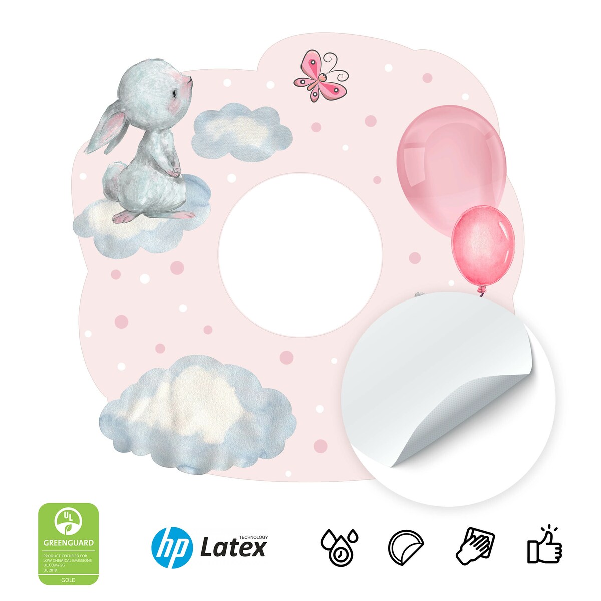 Naklejka Pod Kontakt Dla Dzieci Króliczki Różowe Balony Kropki Chmurki 20x20cm