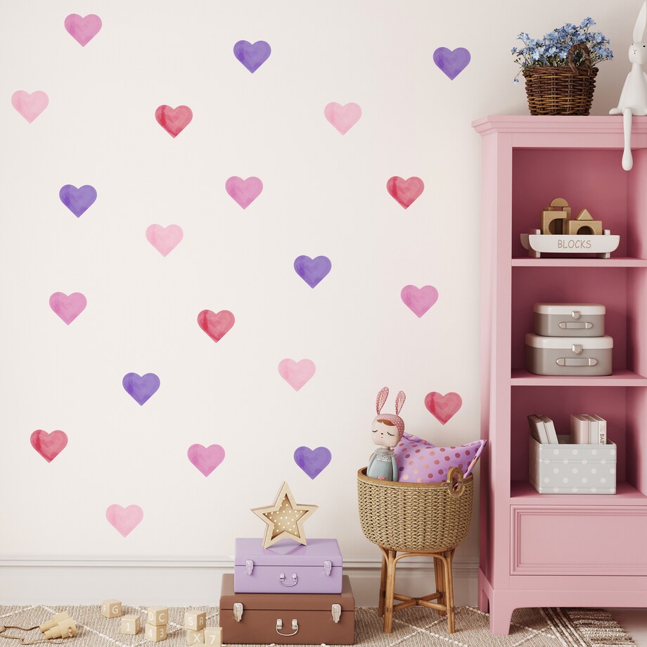Naklejki Ścienne Dla Dzieci Akwarelowe SERCA Różowe Serduszka ZESTAW