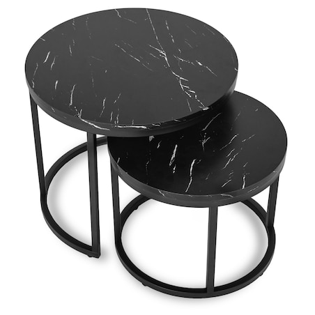 Zestaw Stolik Kawowy Okrągły 2w1 Ława Do Salonu Loft Czarny Marmur MAURO