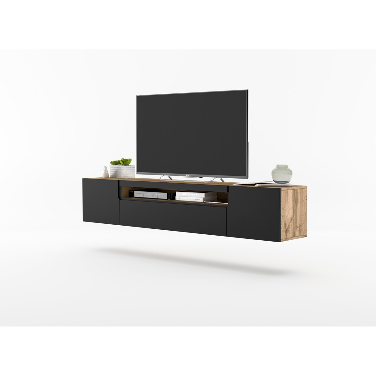 Szafka RTV Loft Industrialna Dąb Artisan Czarny MAT 200 cm