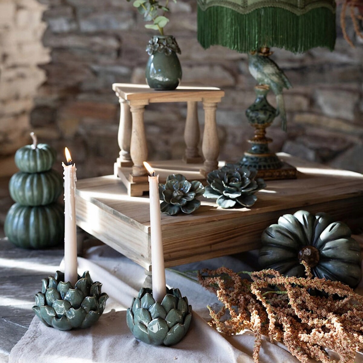 FIGURKA KWIAT CERAMICZNA DEKORACYJNA ZIELONA 10cm KWIATEK BOHO DEKORACJA
