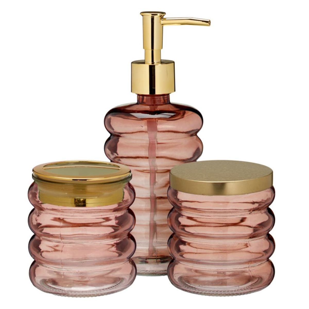 Zestaw łazienkowy szklany - dozownik, kubek i pojemnik 19x8,5 cm IMPOSTATO różowy