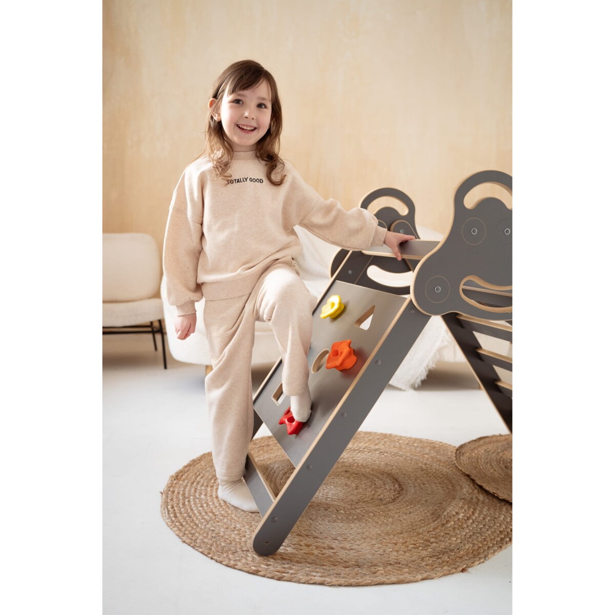 Drabinka Pikler ŚCIANKA WSPINACZKOWA + DUŻA zjeżdżalnia DRABINKA - szara