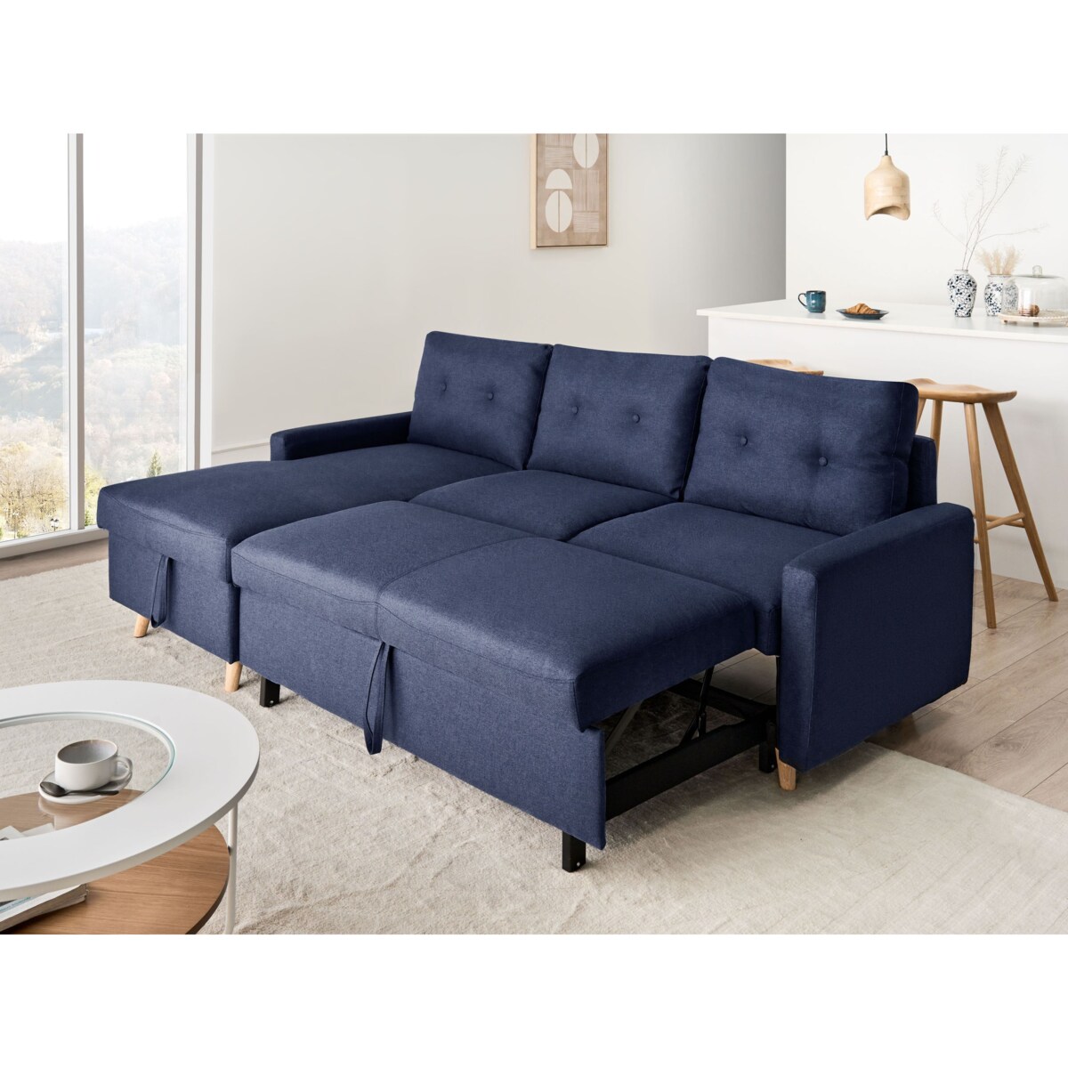 Narożnik rozkładany FLAKK Granatowy ze schowkiem dla 4 osób Prawostronny