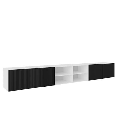 Szafka RTV NOELI 300 otwarta z półkami do salonu, ryflowana-biała+czerny